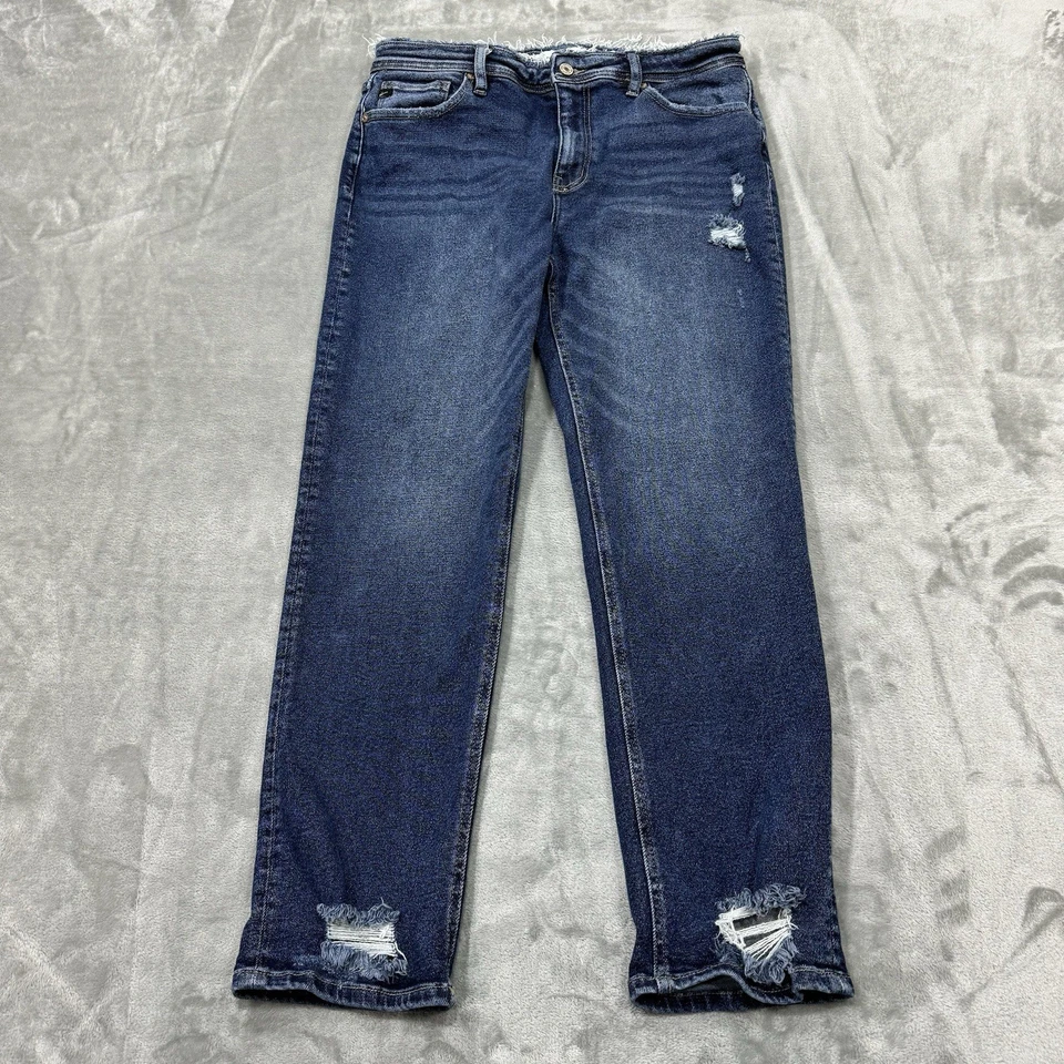 Pantalones de mezclilla KanCan para mujer 29 azules boyfriend elásticos lavado oscuro deshilachados City Preppy Foto 1 de 4