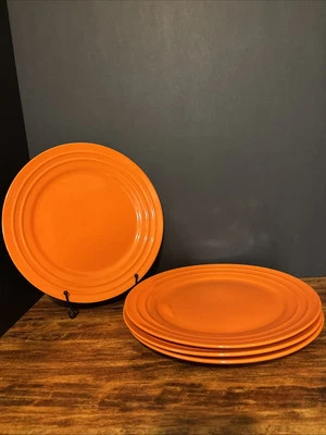 4 Piece Set Rachael Ray Dinner Plates Double Ridge Bright Orange Dinnerware - Image 1 of 4