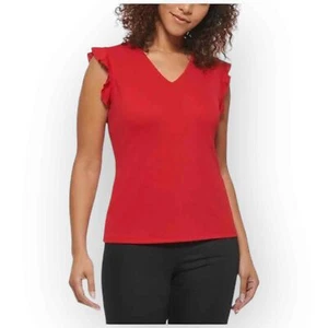 Andrew Marc Womens Ruffle Sleeve V-Neck Top, Rouge - Size Small 75S - Picture 1 of 7