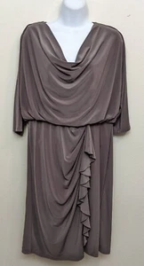 Adrianna Papell 3/4 Sleeve Cowl Neck Solid Taupe Dress 12 Knee Length NWOT - Picture 1 of 9