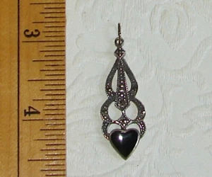 Onyx Heart on Sterling Silver PENDANT / CHARM w/Marcasite, Italian 925 D46 - Picture 1 of 5