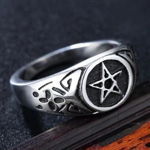 Men Pentagram Star Signet Ring Stainless Steel Band Cocktail Party Size 7-12 - Picture 1 of 11