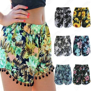 LADIES FLORAL PRINT CROCHET POM-POM HEM SHORTS WOMENS SUMMER COTTON HOTPANTS - Picture 1 of 34