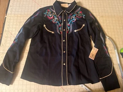 Camisa occidental negra bordada con plumas florales Scully para mujer M Foto 1 de 4
