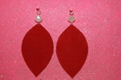 Red Suede Genuine Leather Leaf Earrings--Crystal Bead--925 Sterling Silver Hooks - Изображение 1 из 4
