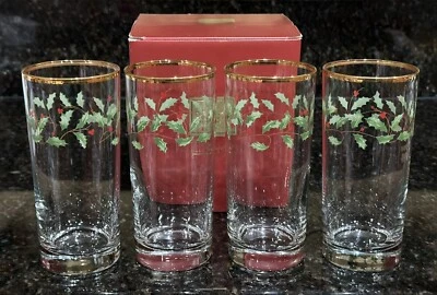 Lenox Holiday Hiball 眼镜 4 件套 Holly & Berry 金边原装盒 — 第 1/4 张图片