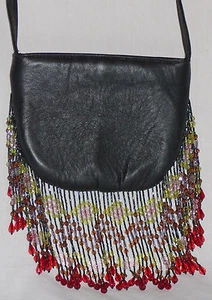 Genuine black leather petite handbag, beautifully hand-beaded - Picture 1 of 1