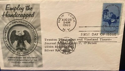 US FDC 1960 4 cent Employ the Handicapped Fleetwood Cachet to Trenton Trentonian - Image 1 of 4