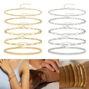 6Pcs/Set Multilayer Stainless Steel Bracelet Men's Women's Wristband Snake Chain - Foto 1 di 18