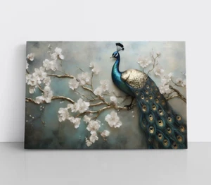 Elegante impresión de arte de pared en lienzo de pavo real sobre lienzo enmarcado majestuosa decoración azul dorado - Imagen 1 de 12
