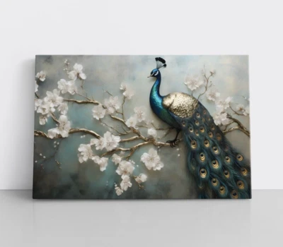 Элегантный павлин холст настенное искусство печать в рамке холст величественный синий золотой декор - Изображение 1 из 4