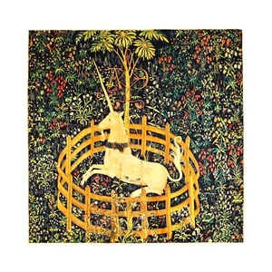 100% Mulberry silk charmeuse art scarf -"The Unicorn Rested in a Garden-"35''x35 - Picture 1 of 8