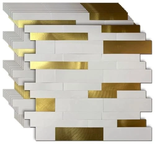 -Hoja Pelar y Pegar Azulejo Salpicadero, PVC Mezcla Metal 10 Blanco + Dorado Esmerilado Foto 1 de 4