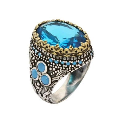 Anillo turco de piedra de vidrio aguamarina para hombre talla 9 Foto 1 de 4