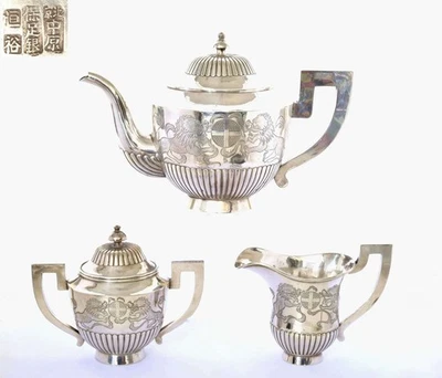 Juego de té tetera china de plata maciza de 981 gramos de 1930 Foo Fu perro león marcado Foto 1 de 4