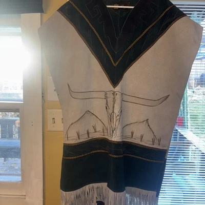 VAN DYCK AUTHENTIC MEXICAN LEATHER WOOL HAND MADE FRINGED PONCHO COW SKULL - Image 1 of 4