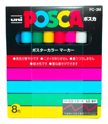Uni Posca Lackmarker Stifte Permanent Standard & Pastellfarben PC-3M 8 Farben