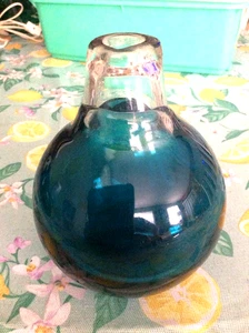 Handblown 1/2" Thick Glass Teal Blue Bud Vase 6"T x 5”D Ball Vase Heavy Weight - Picture 1 of 7