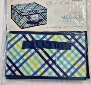 MACBETH COLLAPSIBLE MEDIUM STORAGE BOX CLOSET COUTURE NAVY GREEN PLAID NIP - Picture 1 of 3