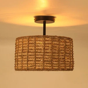 Vintage Bamboo Wicker Rattan Lantern Pendant Light Fixture Hanging Ceiling Lamps - Picture 1 of 24