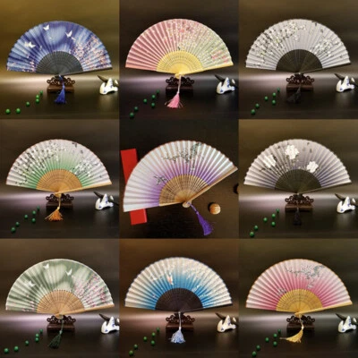 2X Retro Chinese Style Silk Bamboo Folding Hand Fan Flower Fans with Tassels Art - Image 1 of 4