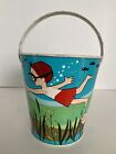 Vintage J. Chein Tin Litho Sand Pail Graphics Of Children Swimming In The Ocean