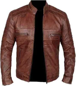 Treva Cafe Racer Men's Biker Leather Jacket Brown Cognac Soft Sheep Skin Leather - Picture 1 of 6