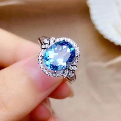 Elegant 925 Silver Rings for Women Oval Cut Aquamarine Wedding Jewelry Size 6-10 - Image 1 of 4