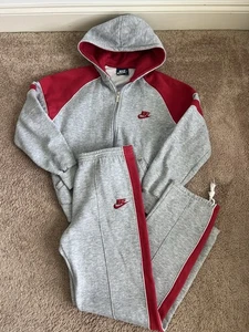 VTG Nike 2 Piece Sweater Pants Gray Red 80s 90s Blue Tag Sz Medium Hood Full Zip - Picture 1 of 8