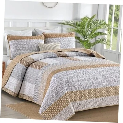  Tamaño de Edredón, Juegos de Edredón Bohemio a Rayas 3 Piezas Boho Acolchado Queen Marrón Foto 1 de 4