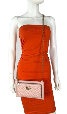 Gucci Auth Pink Leather Small Matelasse GG Marmont Double Zip Crossbody Bag - Image 1 of 4