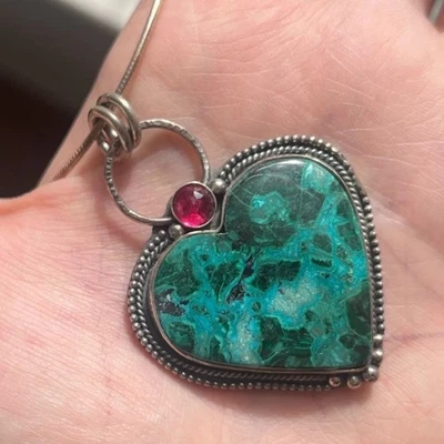 Ожерелье с сердцем хризоколла серебро розовый турмалин художественная бижутерия ручной работы - Изображение 1 из 4