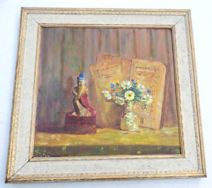 Vintage Naive Orientalist Buddhist Still Life O/B Signed Painting 1945 Dated