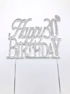 Feliz Cumpleaños Pastel Pick Topper Plata Diamante Diamante Estrás para Cumpleaños - Imagen 1 de 12