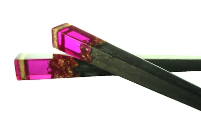 Two Purple Fuchsia Resin Gold Leaf Foil Accents Oak Hair Sticks 6" - Image 1 of 4