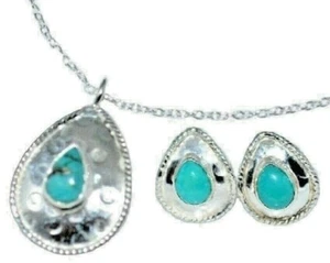 Sterling Silver SET Natural Turquoise Necklace Earrings Blue Gemstones 925 Chain - Picture 1 of 12