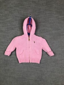 Ralph Lauren Jacket Baby Girls 3M Pink Knit Hooded Full Zip Pony Logo Pockets