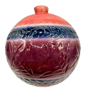 Signed Studio Art Pottery Vase Southwest Pattern Carved Round Pink Blue Purple - Picture 1 of 6