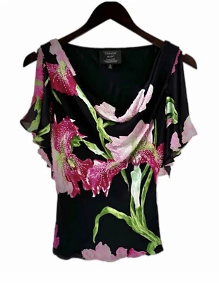 Top de seda adornado manga corta cuello drapeado floral negro Carmen Marc Valvo Foto 1 de 4