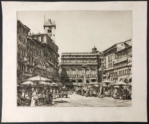 ETCHING Hand Signed ~ RARE FIRST STATE ~ 1914 Italy MARKET SCENE, VERONA - Picture 1 of 6