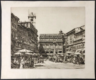 GRABADO Firmado a Mano ~ RARO PRIMER ESTADO ~ 1914 Italia ESCENA DEL MERCADO, VERONA Foto 1 de 4