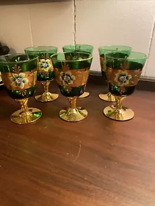 6 calici da vino vintage Murano verde smeraldo e decanter dipinti a mano oro - Foto 1 di 11
