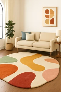 Modern Abstract Multicolor Area Rug with Organic Shapes in Beige Green Rust Rug - Picture 1 of 8