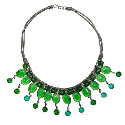 Gargantilha de colar declaração feita à mão contas de vidro verde estanho cachoeira tribal  - Imagem 1 de 4