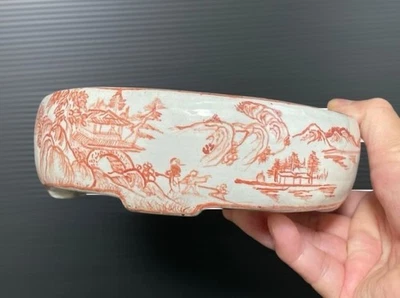 Vaso de bonsai japonês SOMETSUKE AKA-E formato oval tamanho pequeno W16,1cm TANI-RANZAN - Imagem 1 de 4