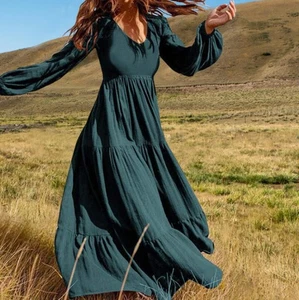 Womens Long Sleeve V Neck Maxi Dress Ladies Casual Baggy Holiday Swing Dresses - Picture 1 of 13