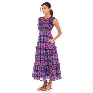 Banjanan Iris Kleid blau rosa Blumen Shibori Midikleid Stufen Rüschen Gr. Medium - Bild 1 von 14