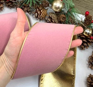 4" wired dutsy pink velvet ribbon gold back Christmas wreath bouquet BY METRE - Picture 1 of 4