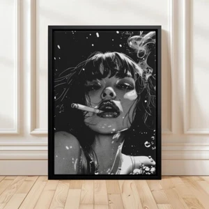 Asian Woman Smoking Black and White Modern Art Print Poster no frame - Picture 1 of 4