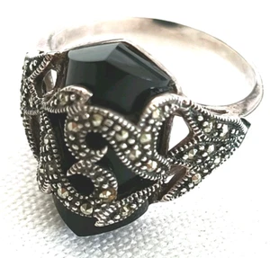 Art Deco Sterling Silver Marcasite Onyx Vintage .925 Ring Size 8 - Picture 1 of 9